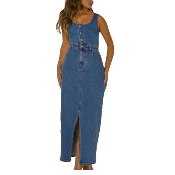 Celebrity Pink Dresses & Skirts - Regeneration Blue Denim Overall Slit hem Midi Size Large